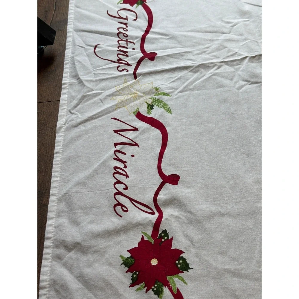 Vintage Christmas Poinsettia Tablecloth White Red Noel Peace Holiday Decor